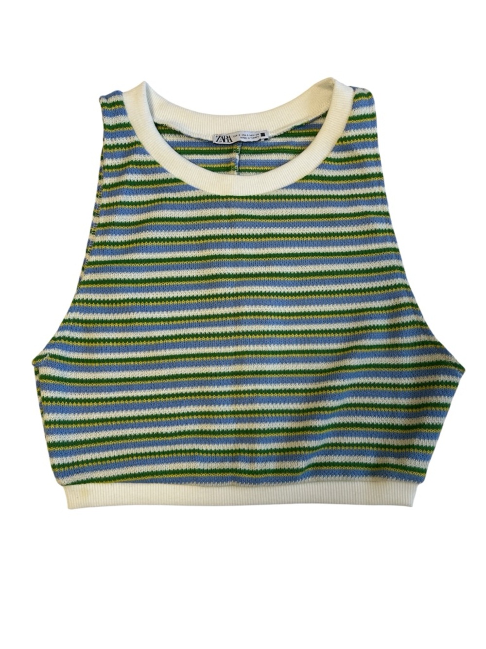 Zara Cropped Knit Tank Top Retro 70’s Vibe Striped Green Yellow Blue White Sz S